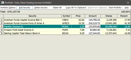 A portfolio and its holdings, with prices, share counts and weightings