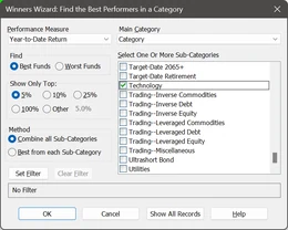 The Winners Wizard, choosing a performance measure and the categories to search
